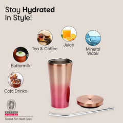 Anko Stainless Steel Premium Sipper Bottle With Straw|Thermos Airtight Travel Sipper|Hot&Cold For 6 Hours|Sipper Bottle/Tumbler For Drinks,Mojito,Juice,Cocktails,Coffee,Tea|Ombre Pink|520 Ml