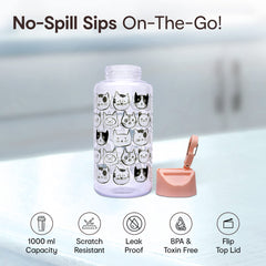 Anko 1 L Non-Toxic leak proof Plastic Sipper Water Bottle | Flip-Top Spout Lid & Straw | Lightweight & Certified 100% BPA-Free | Ideal for Gym, Travel, School, Office, Kids Bottle - (Cats Print)
