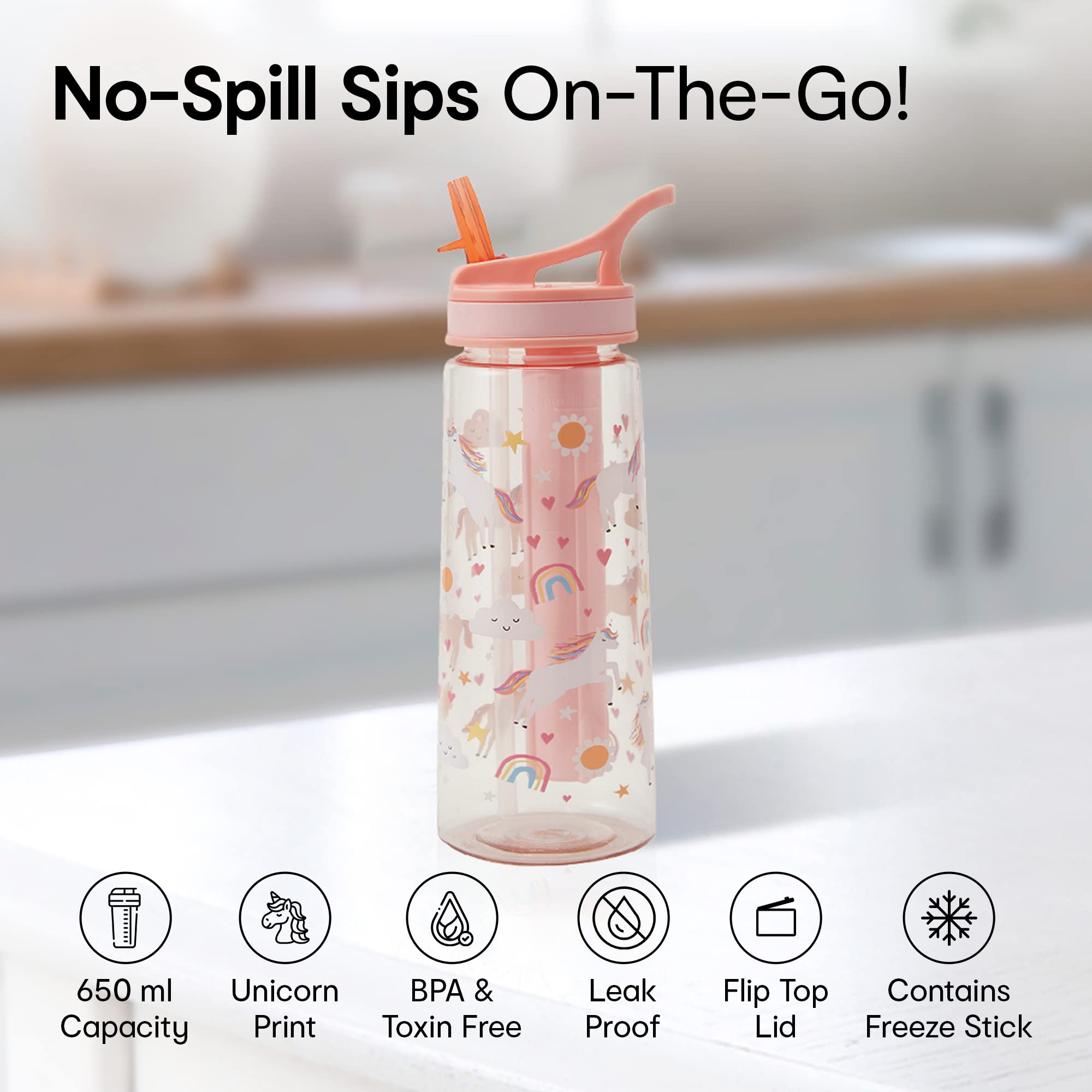 Anko 650 ML Leak proof Plastic Sipper Water Bottle |With Freeze Stick| Flip-Top Spout Lid & Straw | Lightweight & Certified 100% BPA-Free | Ideal for Gym, Travel, School, Office, Kids-(Unicorn Print)