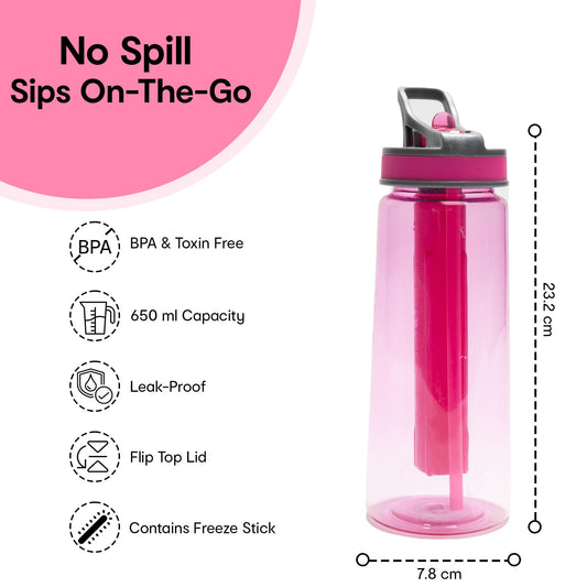 Anko 650 ML Non-Toxic leak proof Plastic Sipper Water Bottle |With Freeze Stick| Flip-Top Spout Lid & Straw | Lightweight & Certified 100% BPA-Free | Ideal for Gym, Travel, School, Office Bottle-Pink