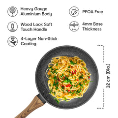 Anko Non-Stick Aluminium Frying Pan | 3.5 mm Thickness | 4 Layer Non-Stick Daikin Coating | Wood-Look Soft-Touch Handle | Granite Omelette Egg Pan, Induction & Gas Fish Fry Pan, PFOA Free 32 Cm (Dia)