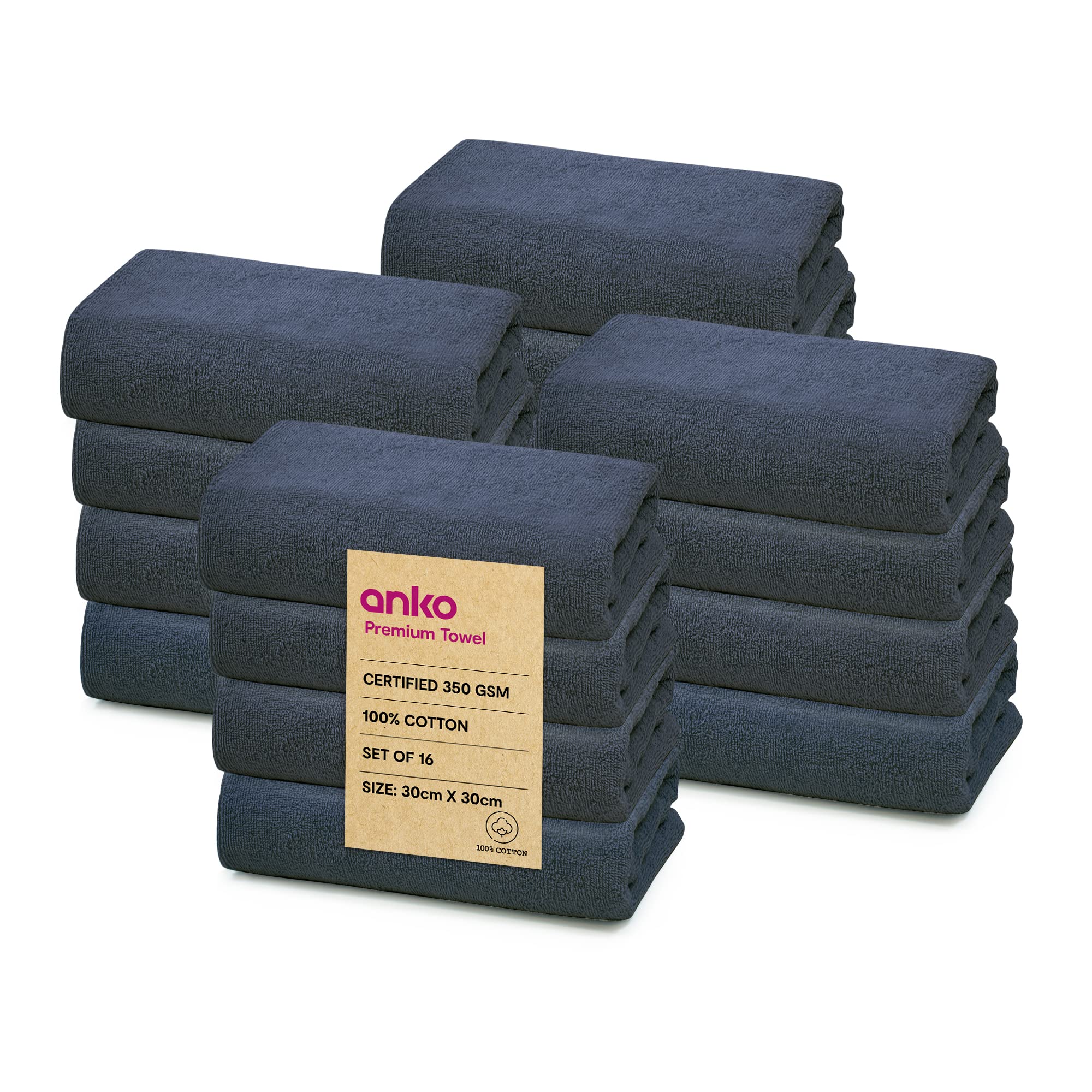 Anko Australia 100% Cotton 350 GSM Madison Face Towel | Set of 16 | Super-Soft, Absorbent, Quick-Drying | Ocean Blue Towel for Men, Women & Kids | 30x30 cm |Travel, Gym, Spa Towel